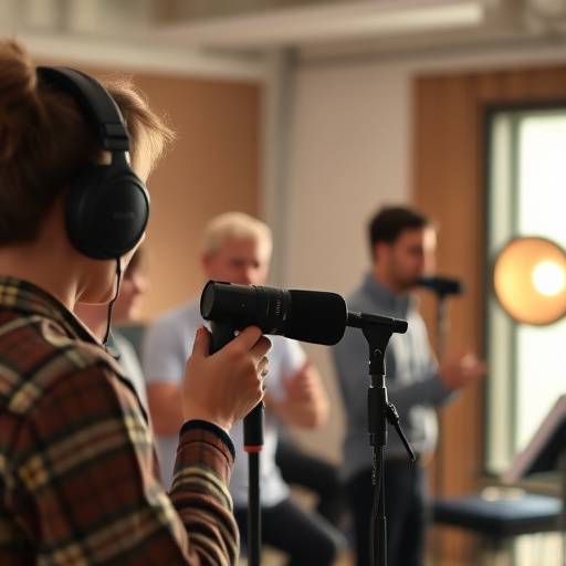 Participants apprenant les techniques de son pendant un atelier audio.