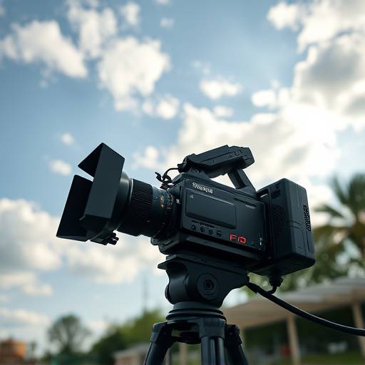 Une caméra de cinéma professionnelle pointée vers le ciel pendant un tournage en extérieur